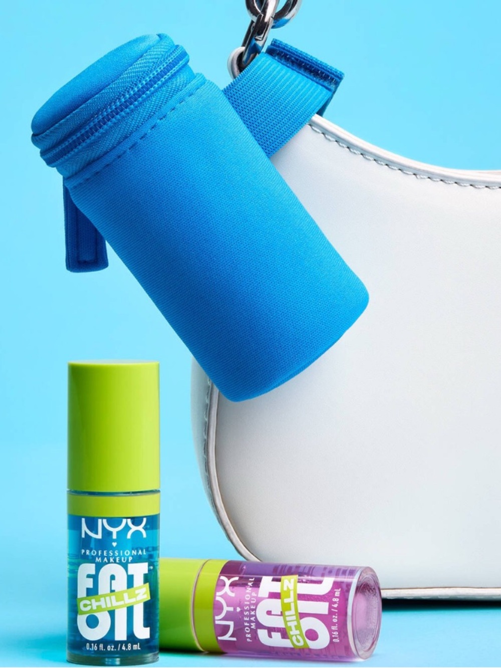 NYX Fat Oil Chillz Lip Oils in Lime Green and Purple with Blue Pouch